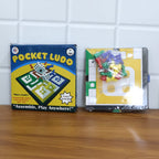 Family enjoying a fun game night at home with the Pocket Ludo travel set.