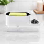 Tidy kitchen sink with dish soap dispenser and sponge holder setup