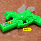 Action shot of the laser light toy gun illuminating with colorful lights.