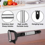 Top-down view of the dual-blade julienne vegetable peeler.