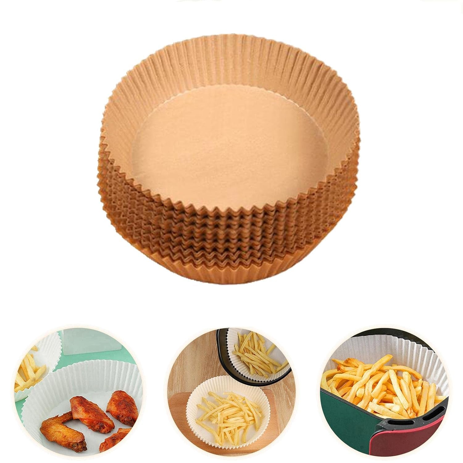 Air fryer basket kept clean with a disposable air fryer liner after cooking.