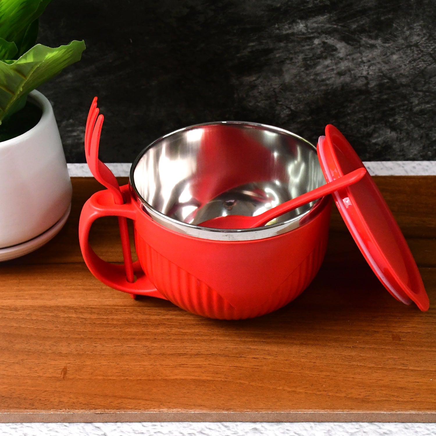 Interior view of the insulated soup bowl, showcasing its stainless steel lining.