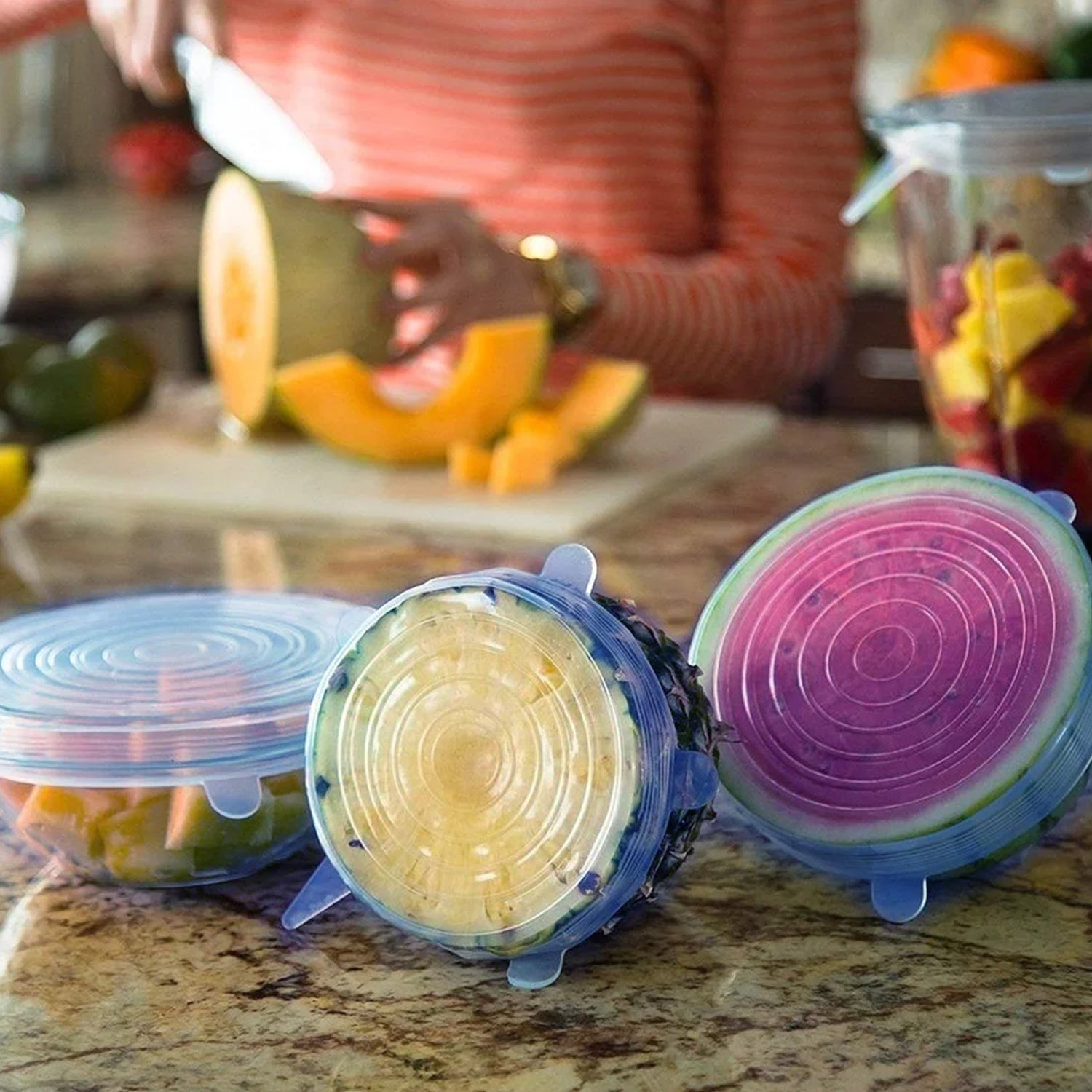 Flexible silicone stretch lids tightly covering bowl edges