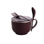 Ergonomic design of the stainless steel food container with spoon holder.