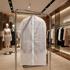 Store display showcasing multiple foldable suit covers for effective wardrobe storage.