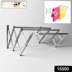Foldable clothes drying rack showing accordion-style extension made of stainless steel