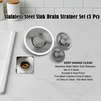 Pack of three stainless steel sink drain strainers neatly arranged