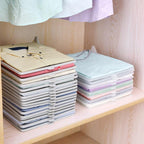 Lightweight wardrobe organizer for tidying up folded clothing at home.