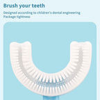 Detail view of the small head of a kids toothbrush, suitable for small mouths.