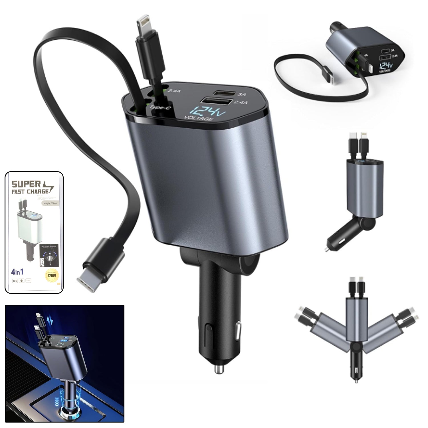 4-in-1 car charger with dual built-in cables and USB ports for fast charging