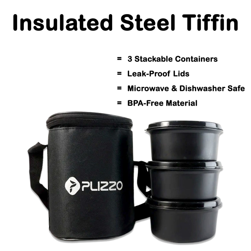 Compact insulated stainless steel lunch box set with shoulder strap carry bag
