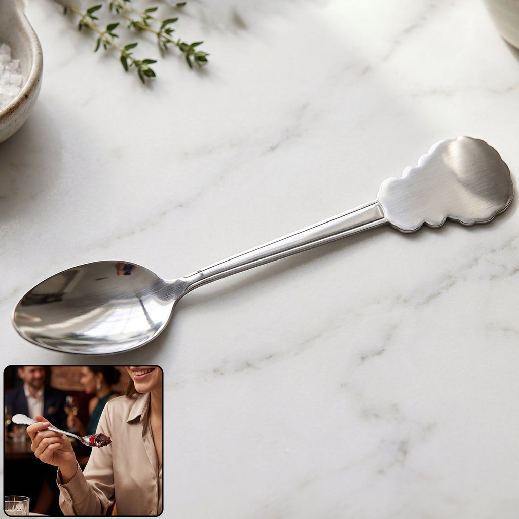 Elegant stainless steel carved handle dinner spoon for daily dining.