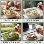 Stylish stainless steel carved handle spoon on a modern dining table setting.