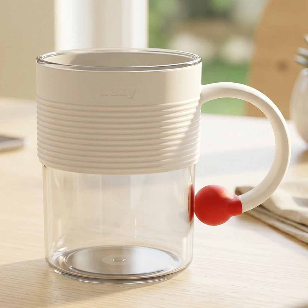 Transparent plastic coffee mug with a ring handle and red accent.