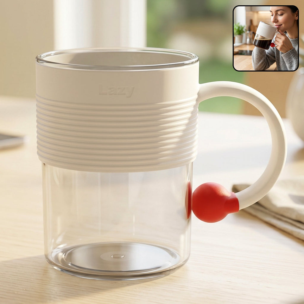 Plastic coffee mug with a comfortable ring handle and anti slip grip.