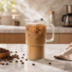 Clear glass tumbler with lid, straw, and handle, ideal for cold beverages