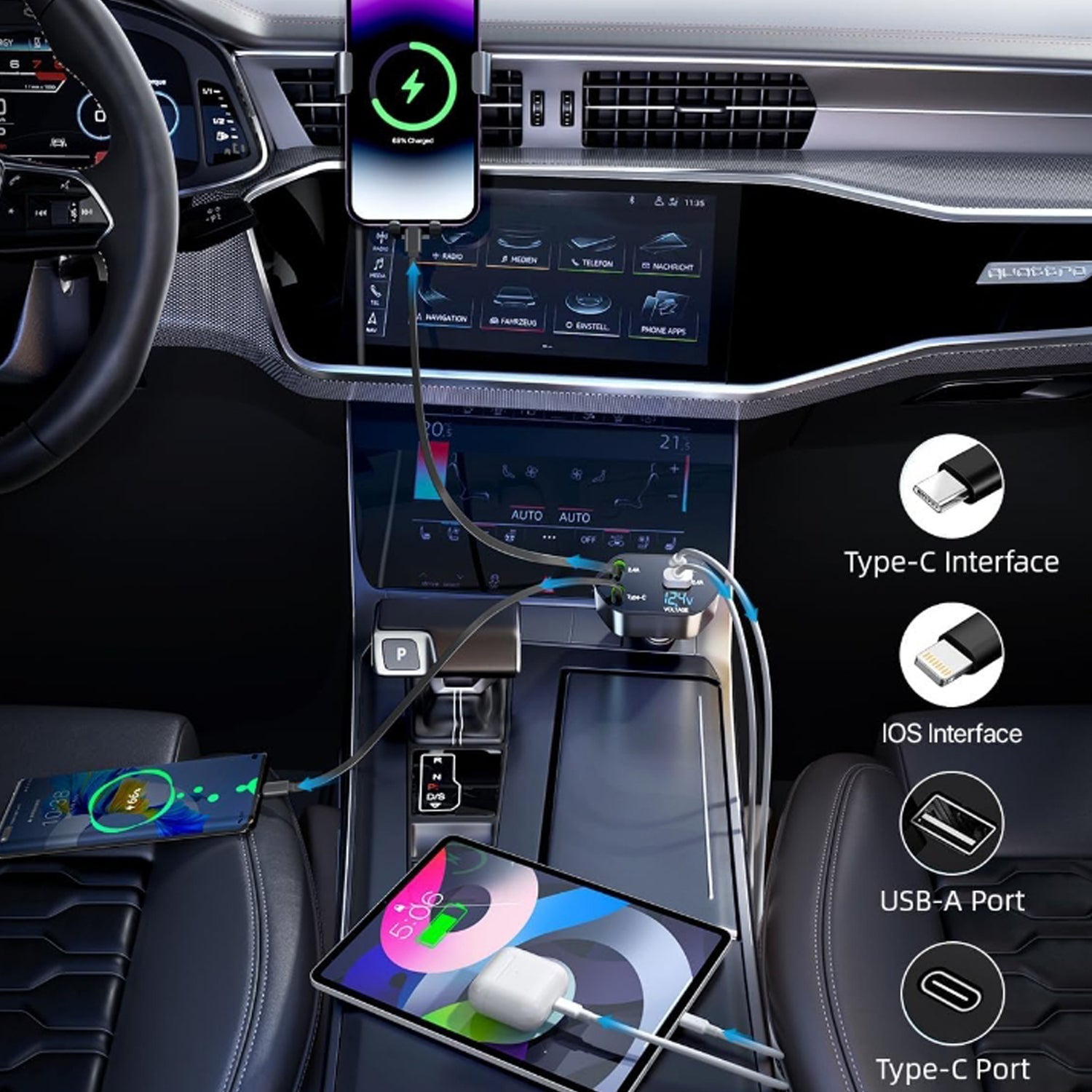 Comparison shot highlighting features of 4-in-1 car charger