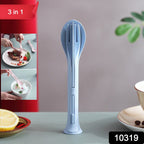 The compact design of the reusable travel cutlery set, showing how the spoon, fork, and knife fit together.