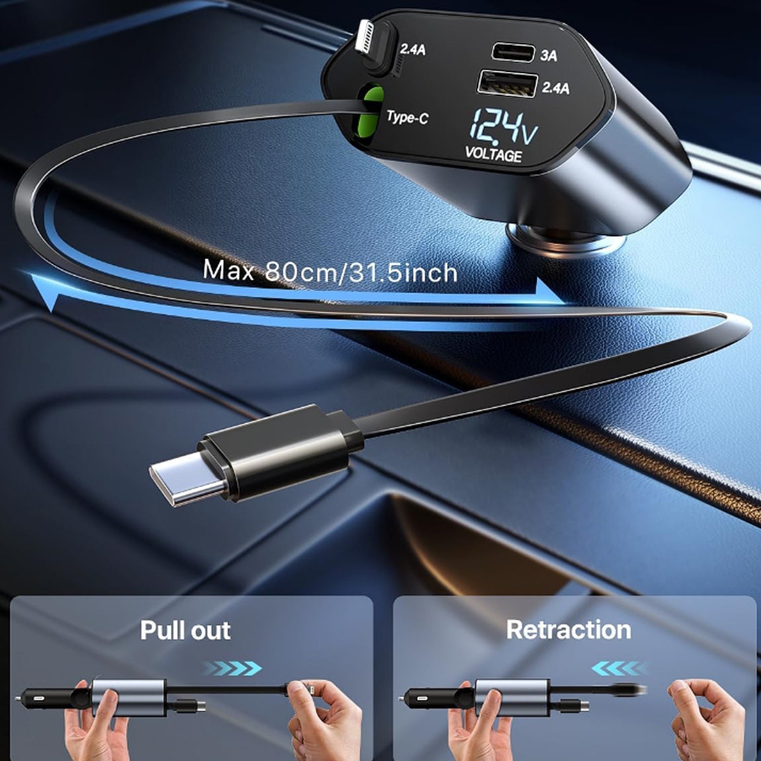 Close-up of 4-in-1 car charger adapter showing dual cables and USB ports