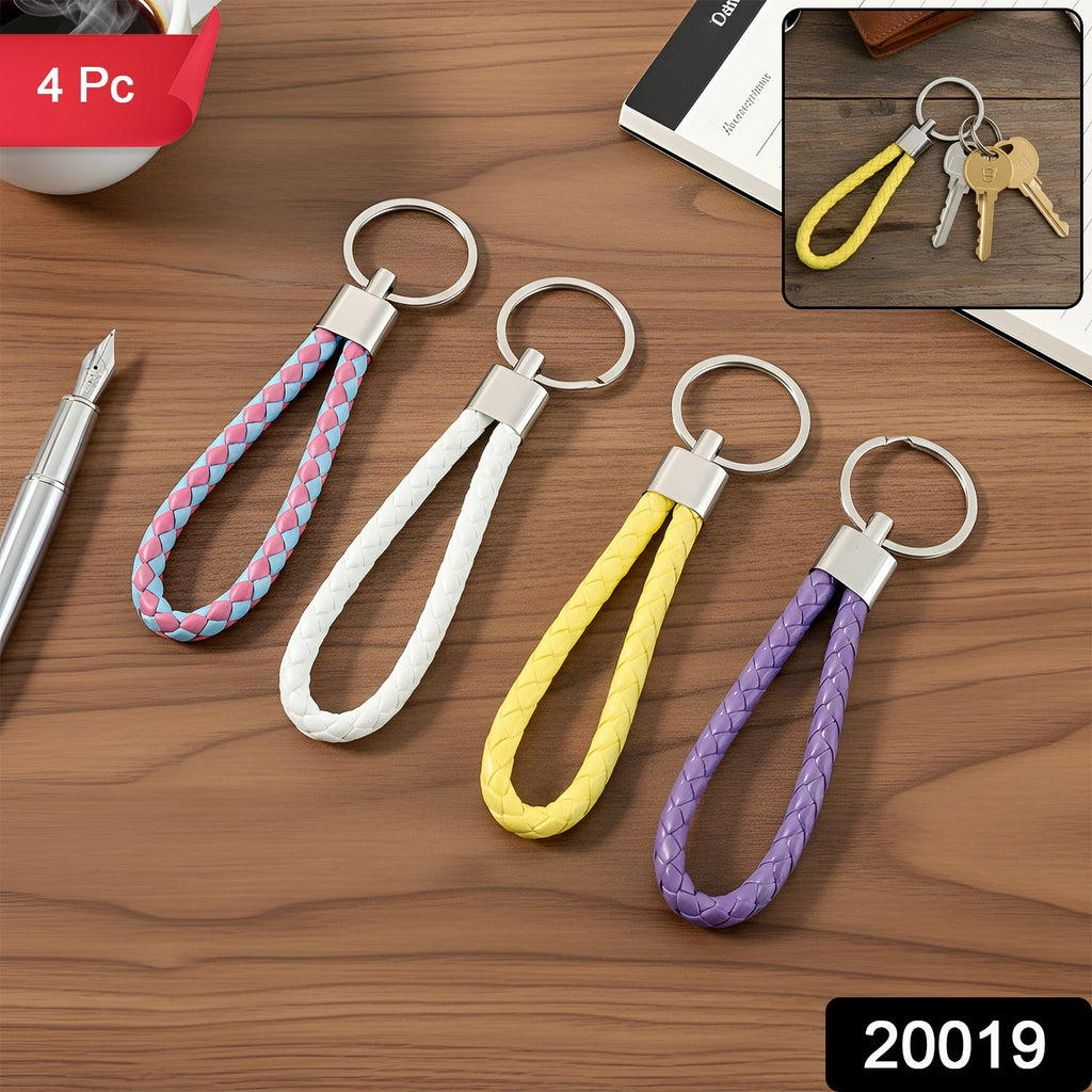 Four-piece braided loop keychain set featuring various colours and metal rings