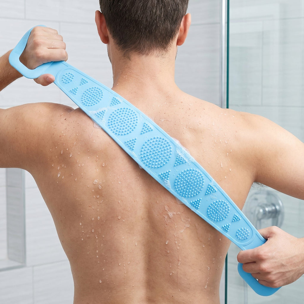 Man scrubbing back with silicone back scrubber belt in shower