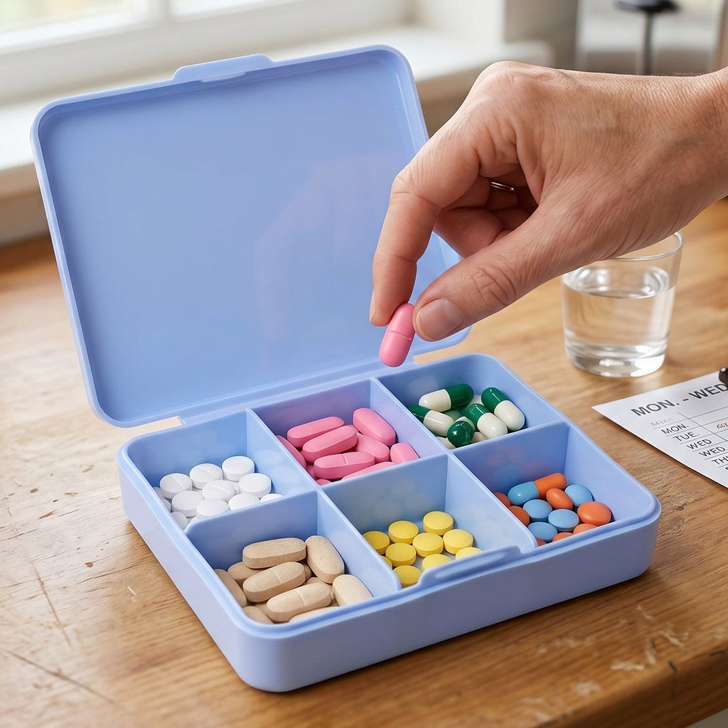 Pill organizer box neatly placed in a handbag for travel convenience.