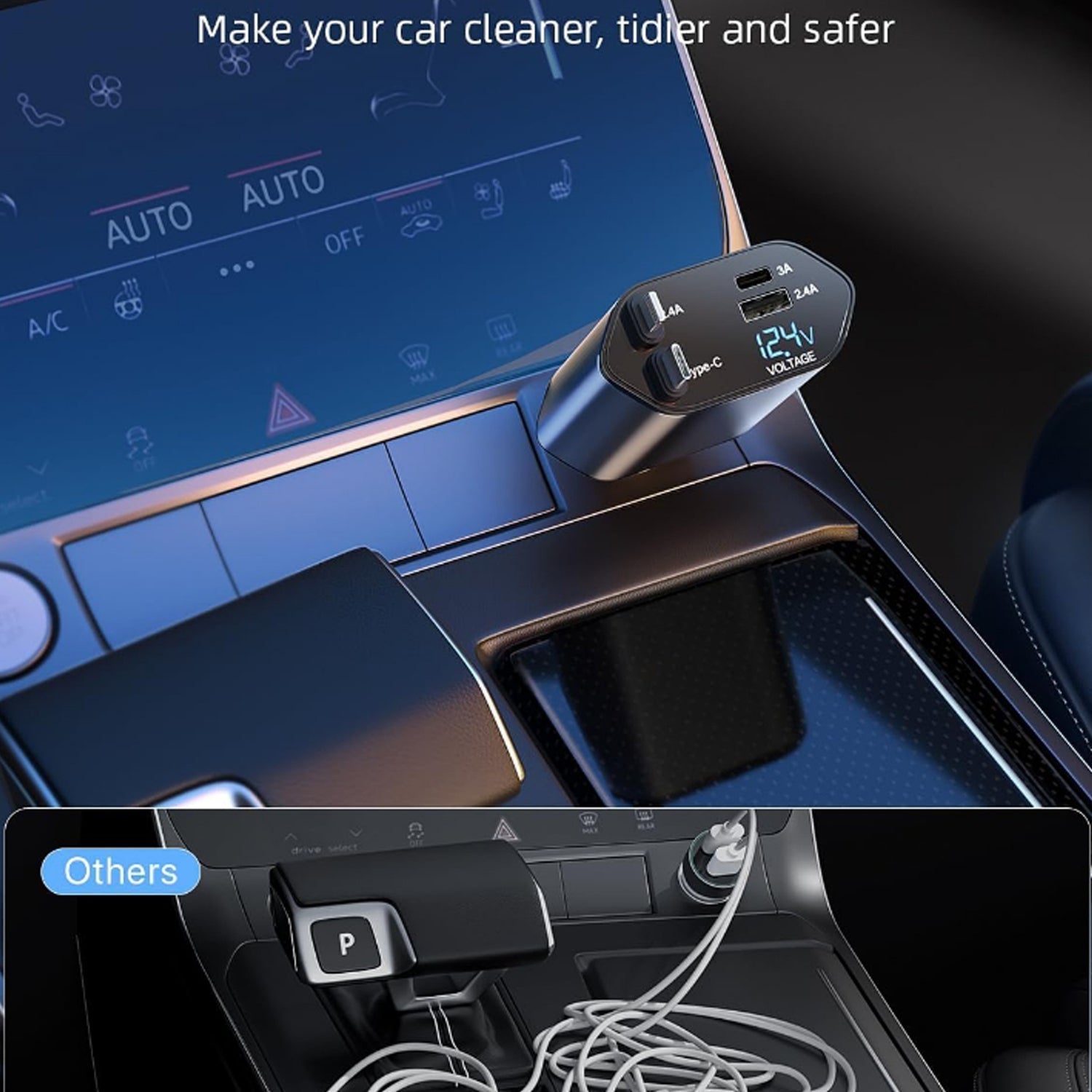 Top view of car charger adapter with LED voltage display