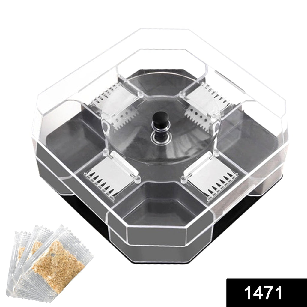 An empty clear plastic hexagonal trap with a dark gray base is shown alongside three small packets of bait powder on a white