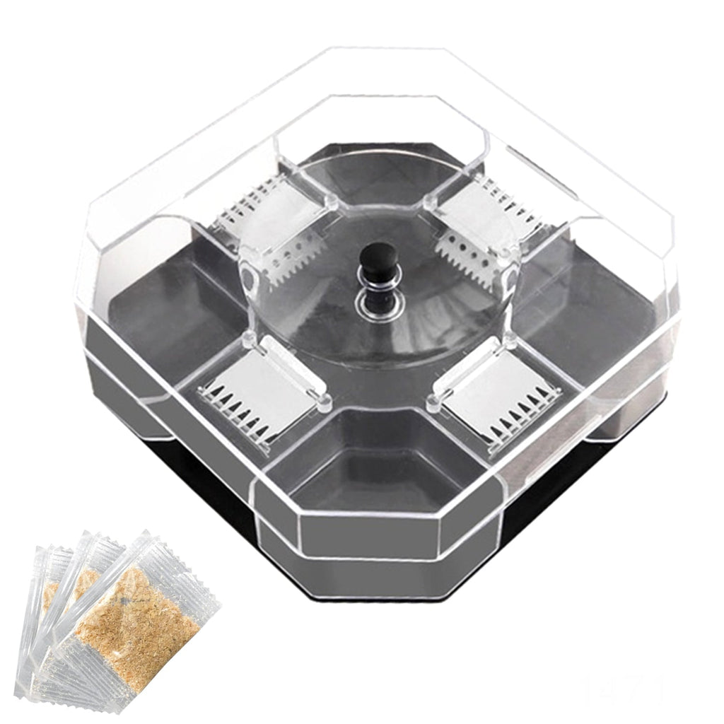 A clear plastic hexagonal trap with a dark gray base and internal silver grates is displayed with three packets of bait