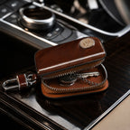 Brown leather car key case holder with zipper and clip
