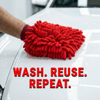 A person's hand in a red microfiber chenille wash glove on a white car hood, with text "WASH. REUSE. REPEAT." overlaid.