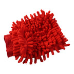 A red microfiber chenille wash glove, with many short, thick strands, is shown on a white background.