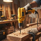 Electric drill in use drilling wood in workshop