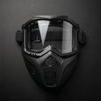 Full view of protective riding goggles with detachable shield in black