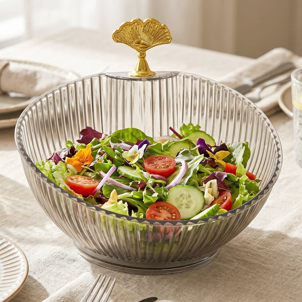 Fruit bowl with gold accent enhancing dining decor with fresh fruits