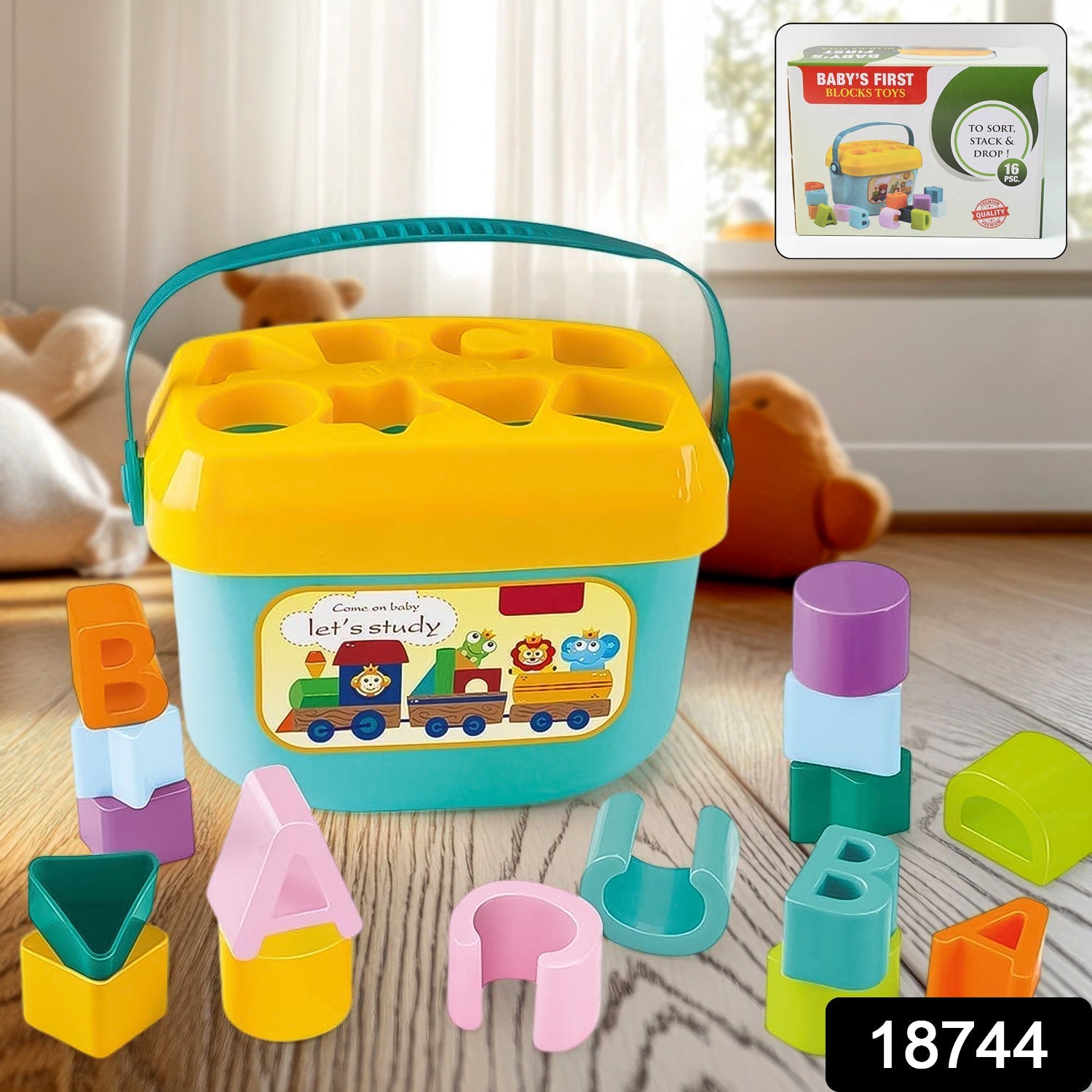 Close-up of the 16 colourful geometric blocks from the Baby Shape Sorter Toy set.