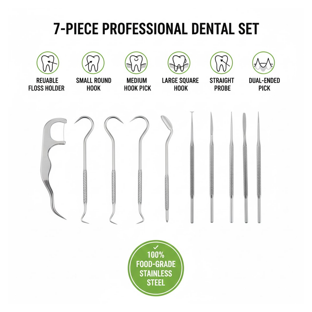 Detailed view of the reusable stainless steel floss pick, showcasing its design.