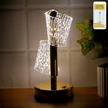 Crystal LED Double Shade Table Lamp with golden base illuminating softly