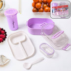 Kids BPA-free plastic lunch box set with bottle, spoon, and meal compartments