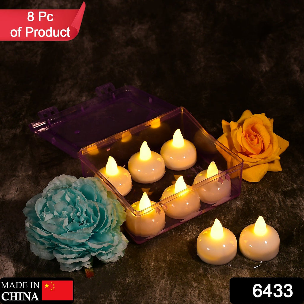 Battery-operated floating tea lights in a clear storage box.