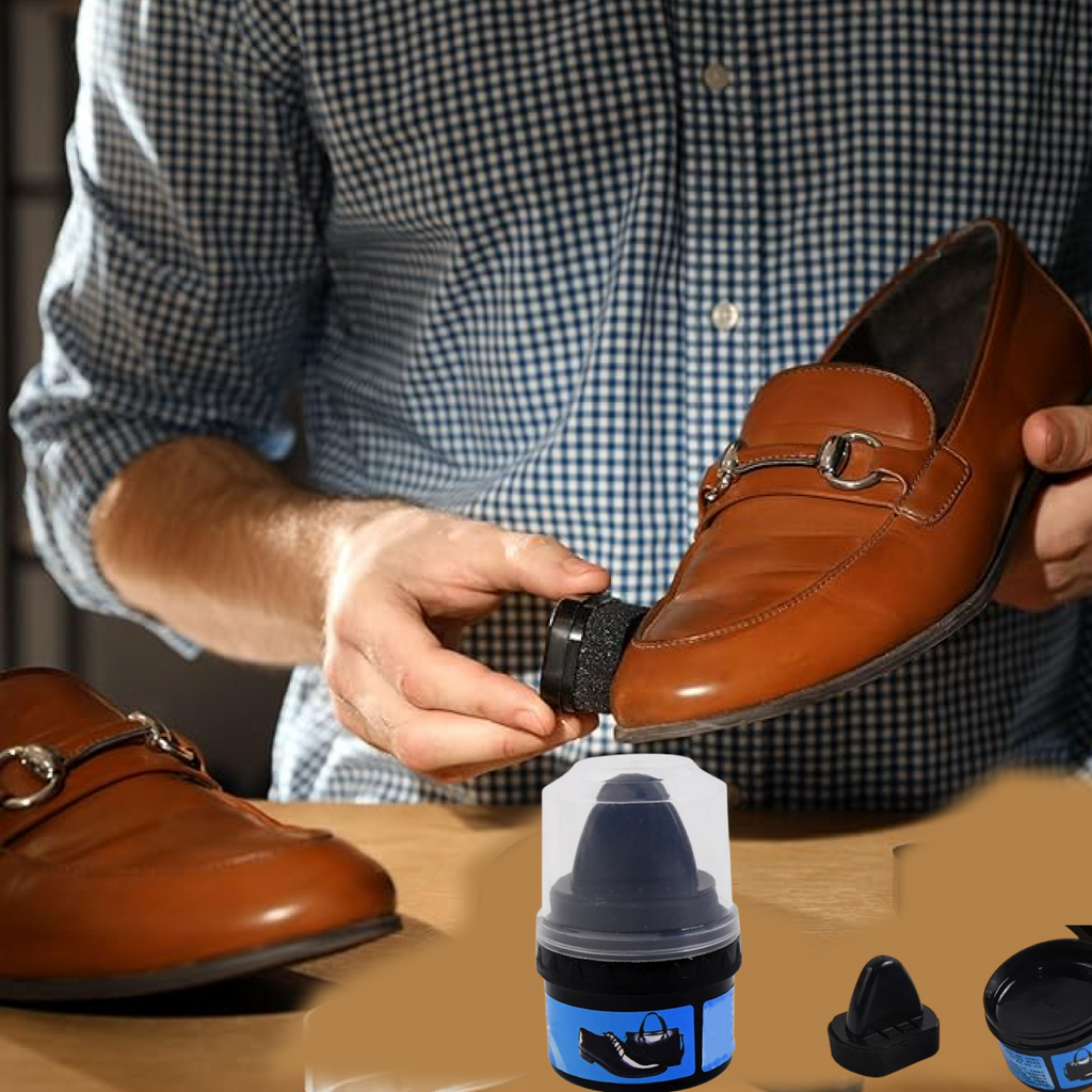 Instant Shoe Shine Sponge with liquid polish bottle in compact design