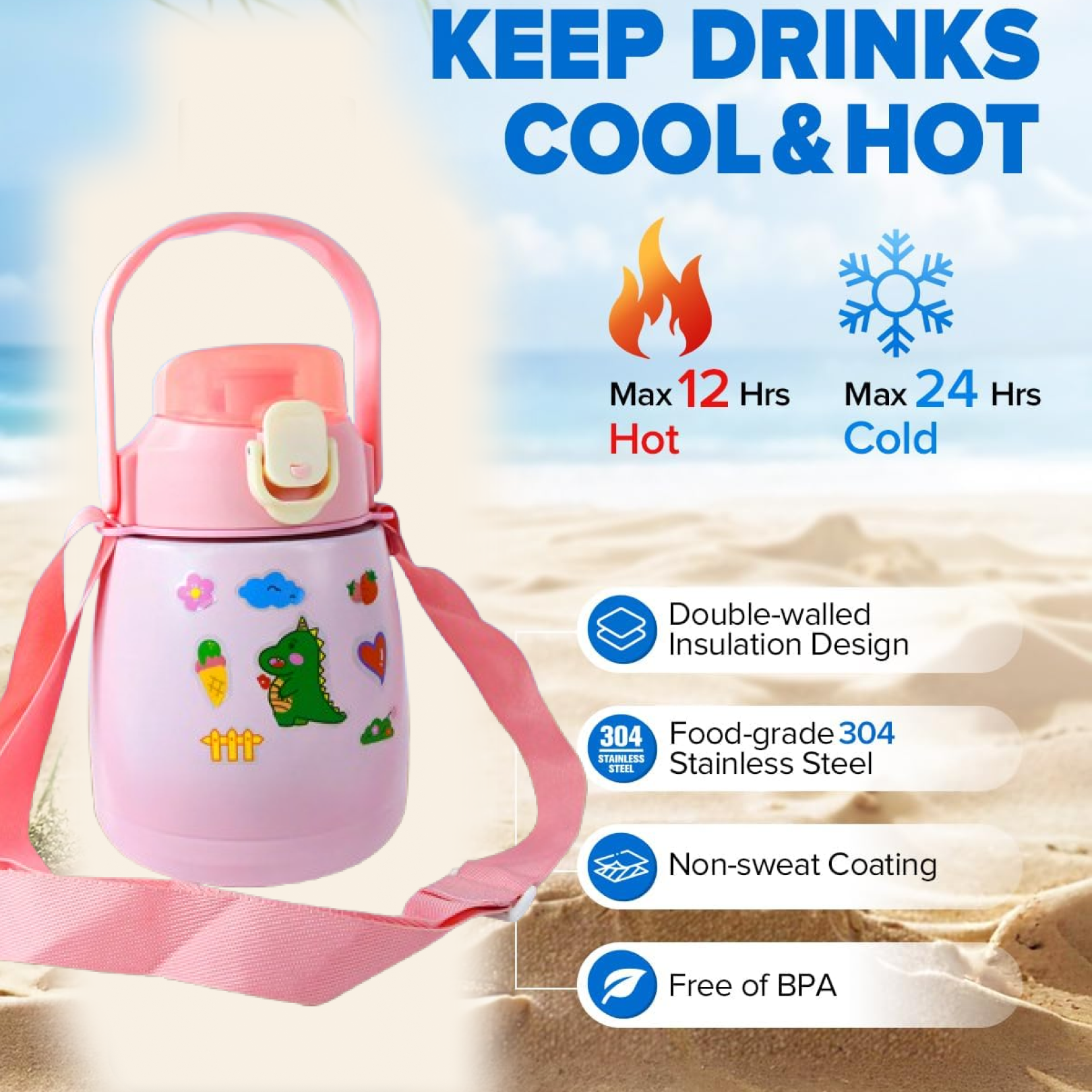 Front view of vacuum insulated water bottle with personalized stickers