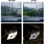 Visual representation of how the anti fog film prevents mist and glare on a car's side mirror.