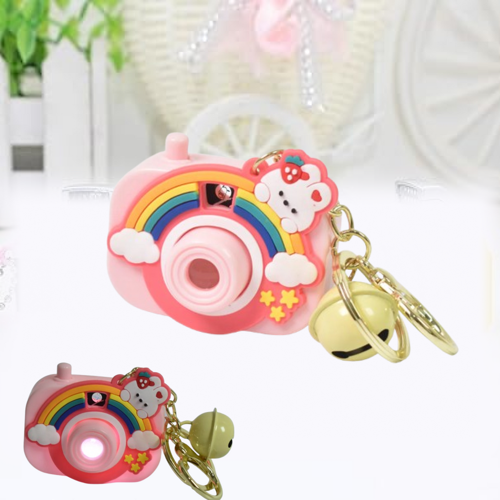 Close-up showing projector lens and sturdy zinc alloy ring on keychain