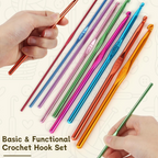 A close view of a single, smooth-tipped aluminium crochet hook.