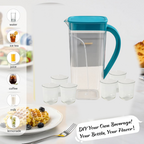 Close-up view of plastic jug with six glasses in a set