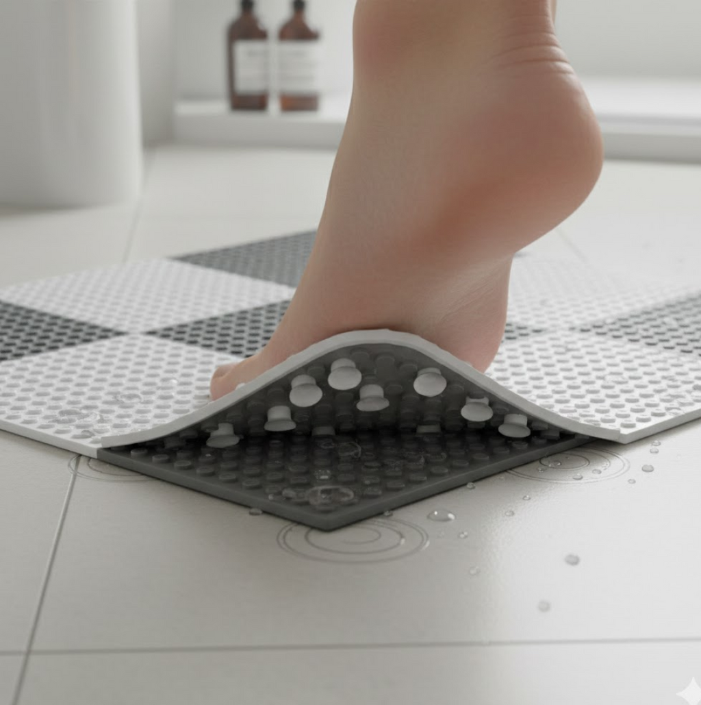 Illustration highlighting the durable structure and anti-slip features of the mat.