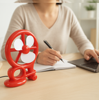 Side view of a compact red Mini Cooling USB Fan, showcasing its sleek design.