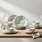 Stackable 32-piece plastic dinner set, optimizing kitchen storage.