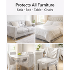 Clear plastic sheet effectively protecting various furniture pieces from dust.